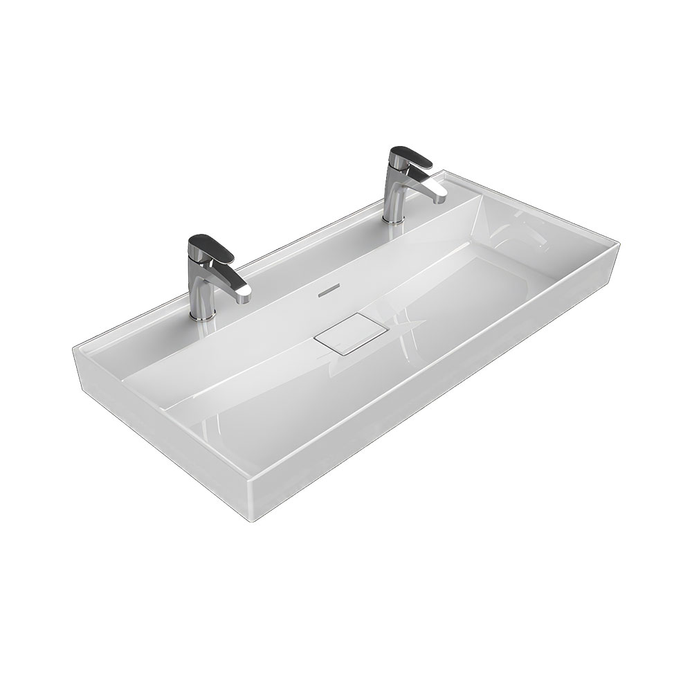 Cerastyle 037600-U Sharp Etajerli Lavabo, Beyaz, Çift Batarya Delikli, 100x48 cm.