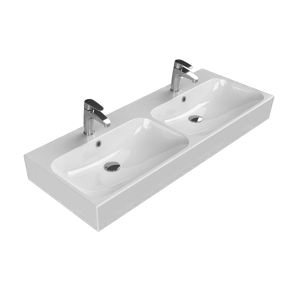 Cerastyle 080700-U Pinto Etajerli Lavabo, Çift Hazneli, Çift Batarya Delikli, Beyaz, 120x47 cm.