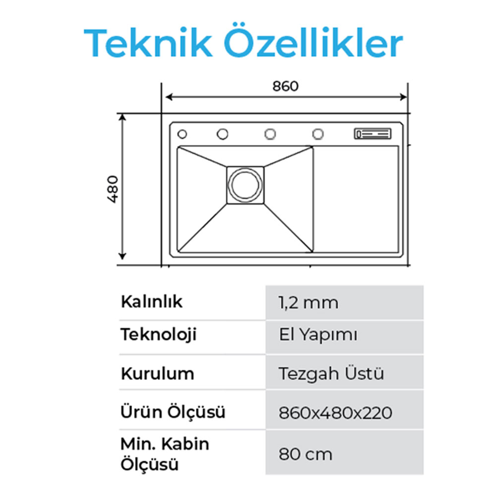 Crauf Lusso 1056 Pvd Füme Tezgah Altı-Üstü-Sıfır 480x860mm Tek Gözlü El Yapımı  Sağ Damlalıklı Eviye