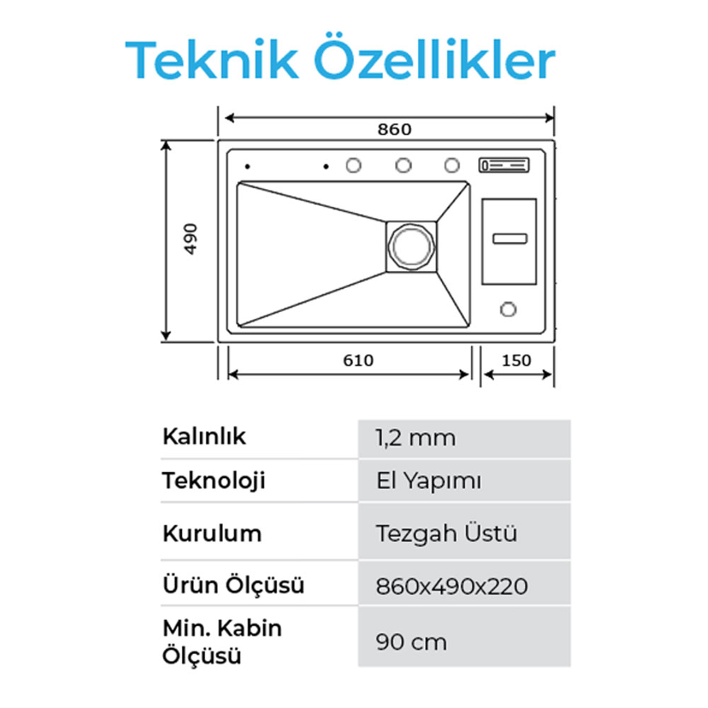 Crauf Lusso 1060 Mat Gri Tezgah Altı-Üstü-Sıfır 490x860mm Tek Gözlü El Yapımı Çöp Kovalı Bıçaklıklı Akıllı Eviye