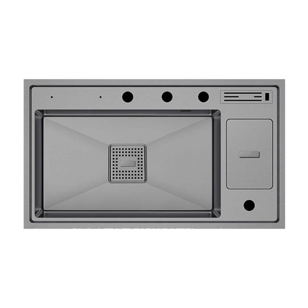 Crauf Lusso 1060 Mat Gri Tezgah Altı-Üstü-Sıfır 490x860mm Tek Gözlü El Yapımı Çöp Kovalı Bıçaklıklı Akıllı Eviye