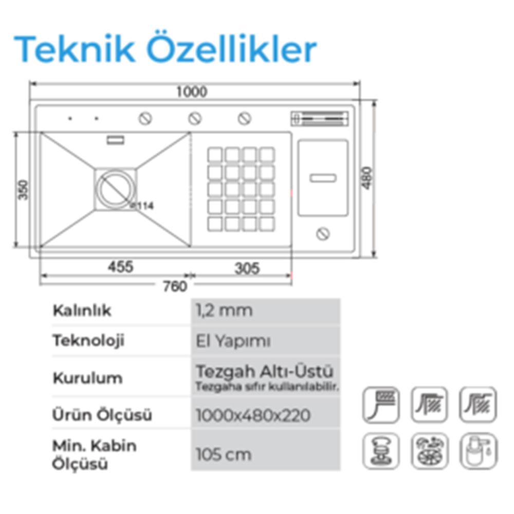 Crauf Lusso 1061 Pvd Bakır Tezgah Altı-Üstü-Sıfır 480x1000mm Tek Gözlü El Yapımı Çöp Kovalı Bıçaklıklı  Sağ Damlalıklı Akıllı Eviye