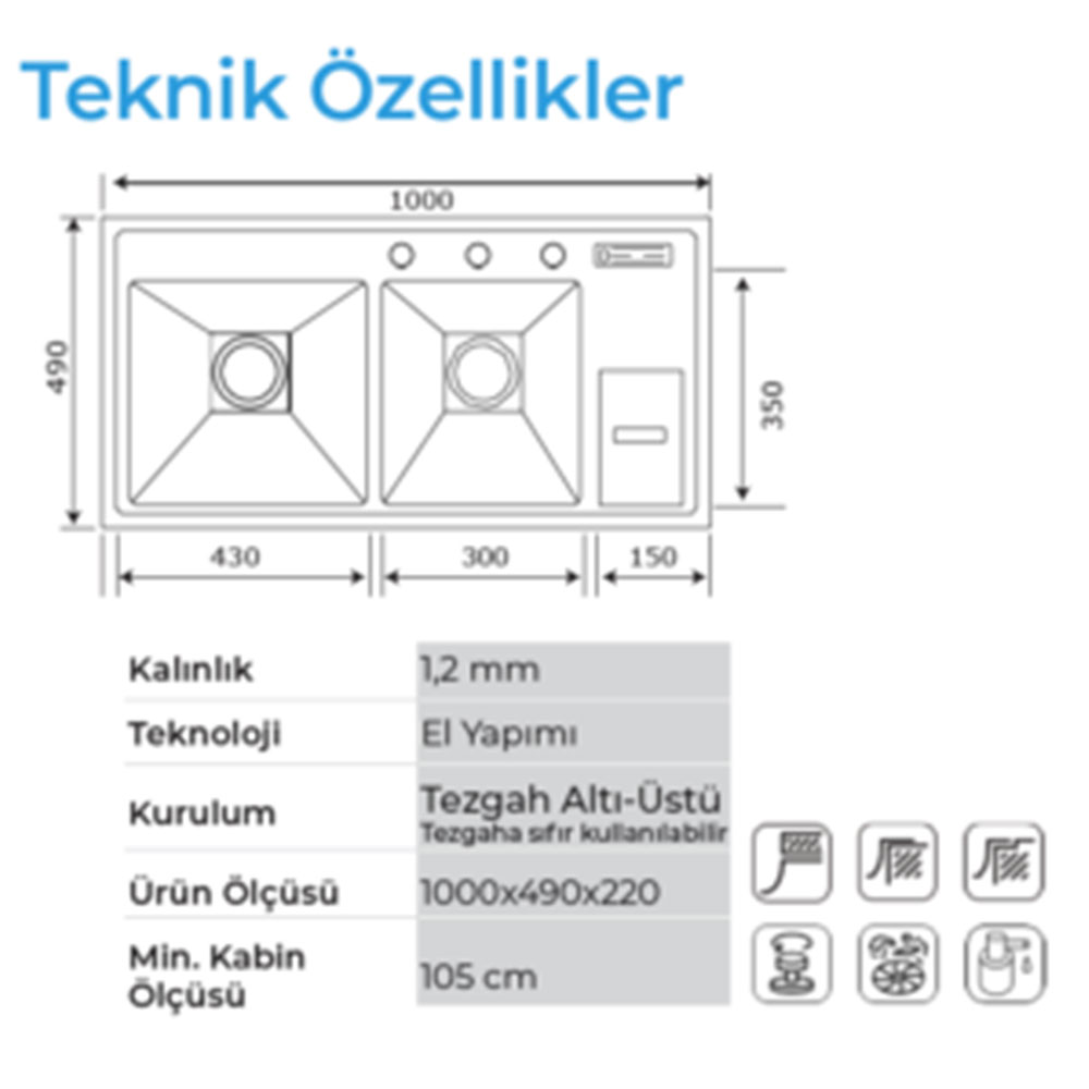 Crauf Lusso 1065 Pvd Bakır Tezgah Altı-Üstü-Sıfır 490x1000mm Çift Gözlü El Yapımı Çöp Kovalı Bıçaklıklı Eviye