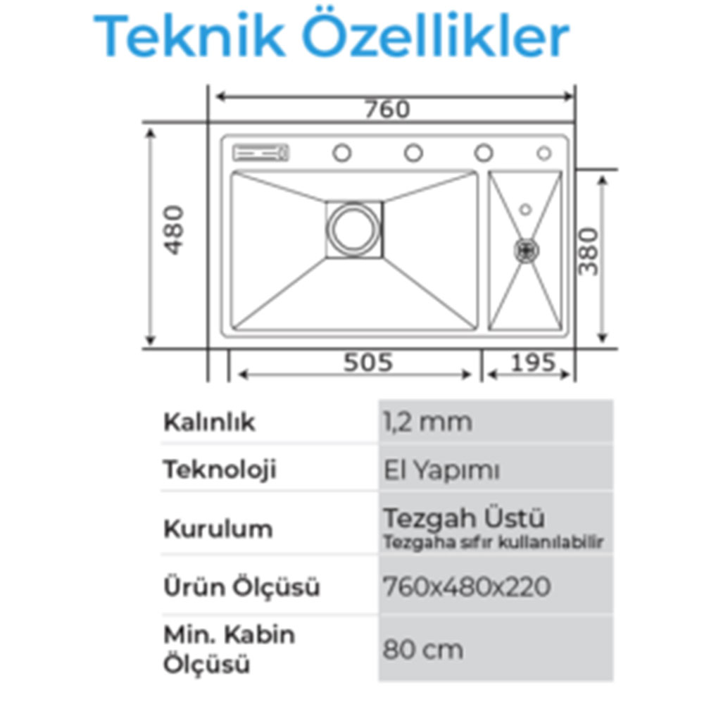 Crauf Lusso 1070 Pvd Füme Tezgah Üstü-Sıfır 480x760mm Tek Gözlü El Yapımı Bardak Yıkama Gizli Bıçaklıklı Eviye