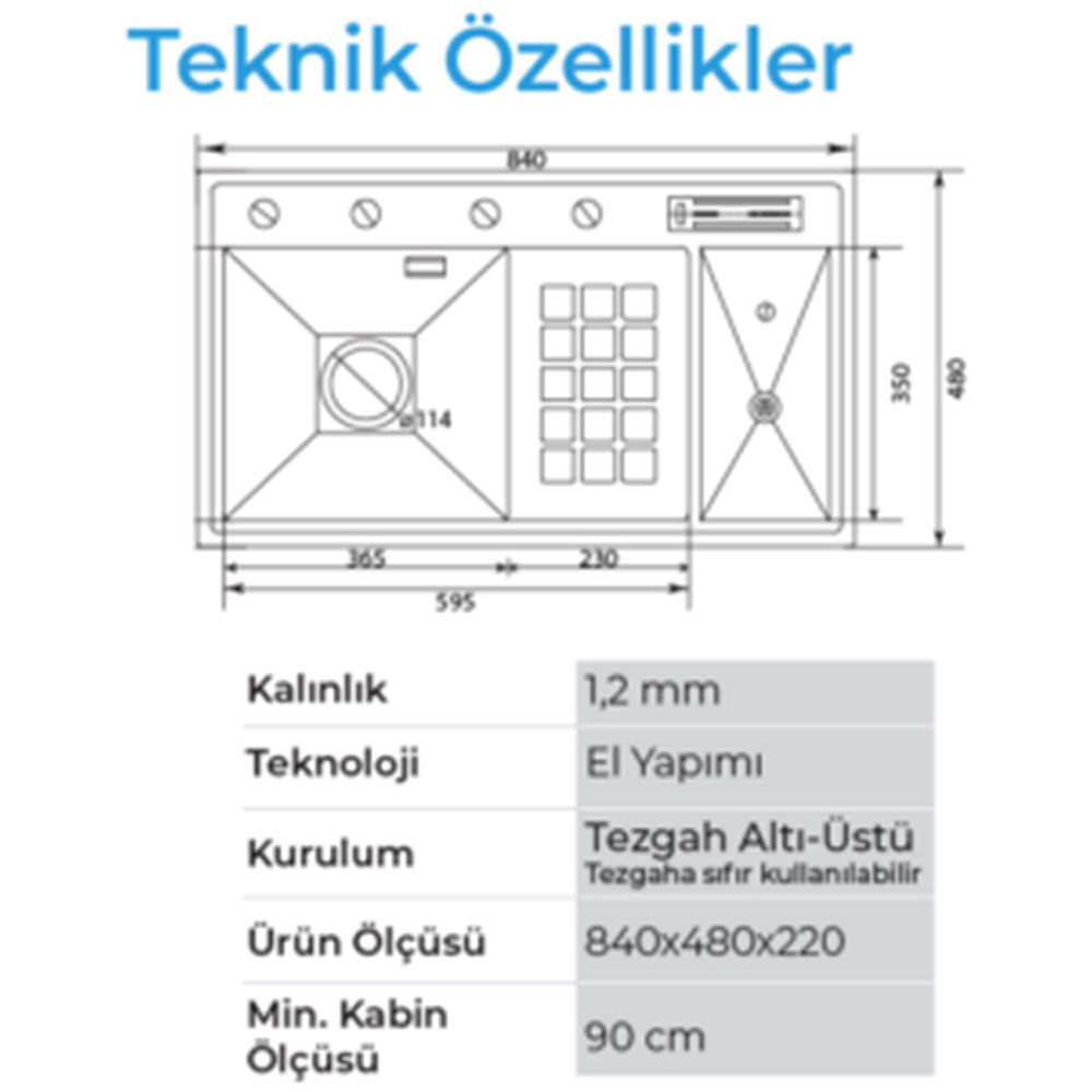 Crauf Lusso 1071 Inox Tezgah Altı-Üstü-Sıfır 480x840mm Tek Gözlü El Yapımı Basınçlı Bardak Yıkama Akıllı Eviye
