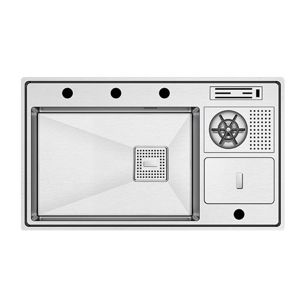 Crauf Lusso 1072 Inox Tezgah Altı-Üstü-Sıfır 500x860mm Tek Gözlü El Yapımı Çöp Kovalı Bardak Yıkamalı Akıllı Eviye