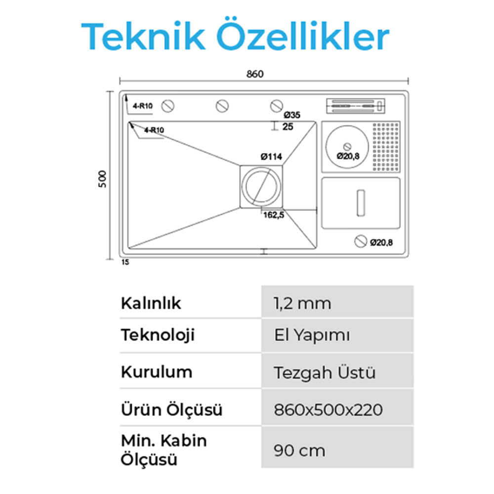 Crauf Lusso 1072 Pvd Altın Tezgah Altı-Üstü-Sıfır 500x860mm Tek Gözlü El Yapımı Çöp Kovalı Bardak Yıkamalı Akıllı Eviye