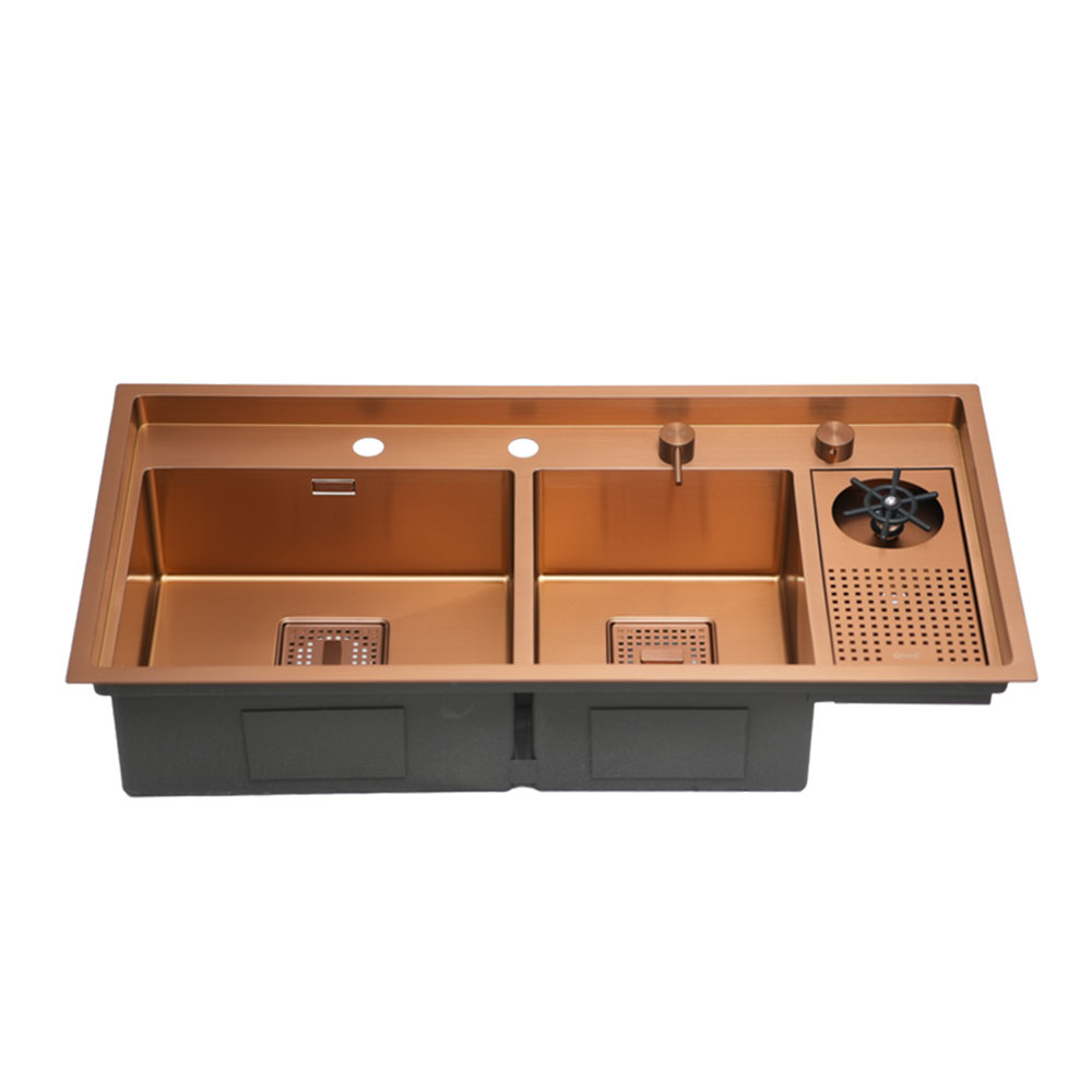 Crauf Lusso 1075 Pvd Bakır Tezgah Altı-Üstü-Sıfır 500x860mm Tek Gözlü El Yapımı Çöp Kovalı Bardak Yıkamalı All-in-One Akıllı Eviye