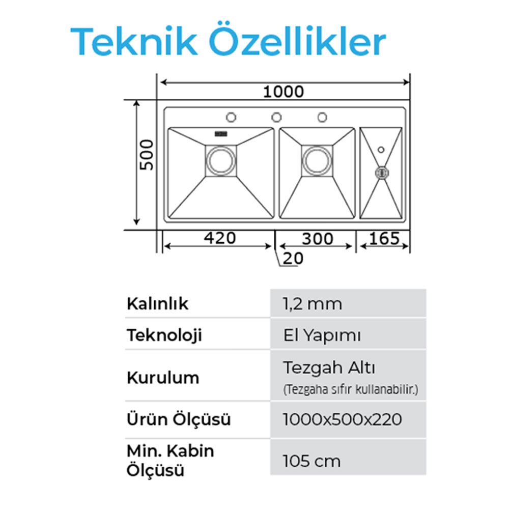 Crauf Lusso 1075 Pvd Bakır Tezgah Altı-Üstü-Sıfır 500x860mm Tek Gözlü El Yapımı Çöp Kovalı Bardak Yıkamalı All-in-One Akıllı Eviye