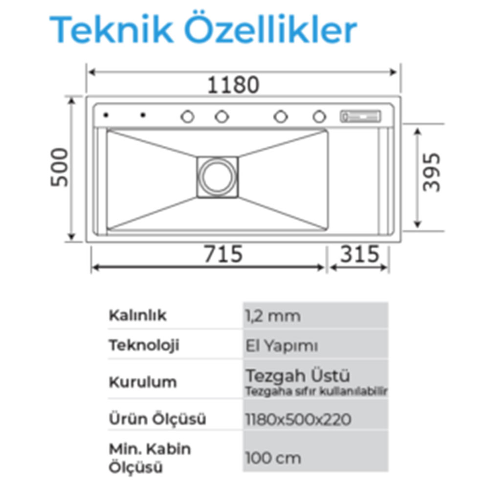 Crauf Lusso 1080 Mat Gri Tezgah Üstü-Sıfır 500x1180mm Tek Gözlü El Yapımı Mega Workstation Bardak Yıkamalı Akıllı Eviye