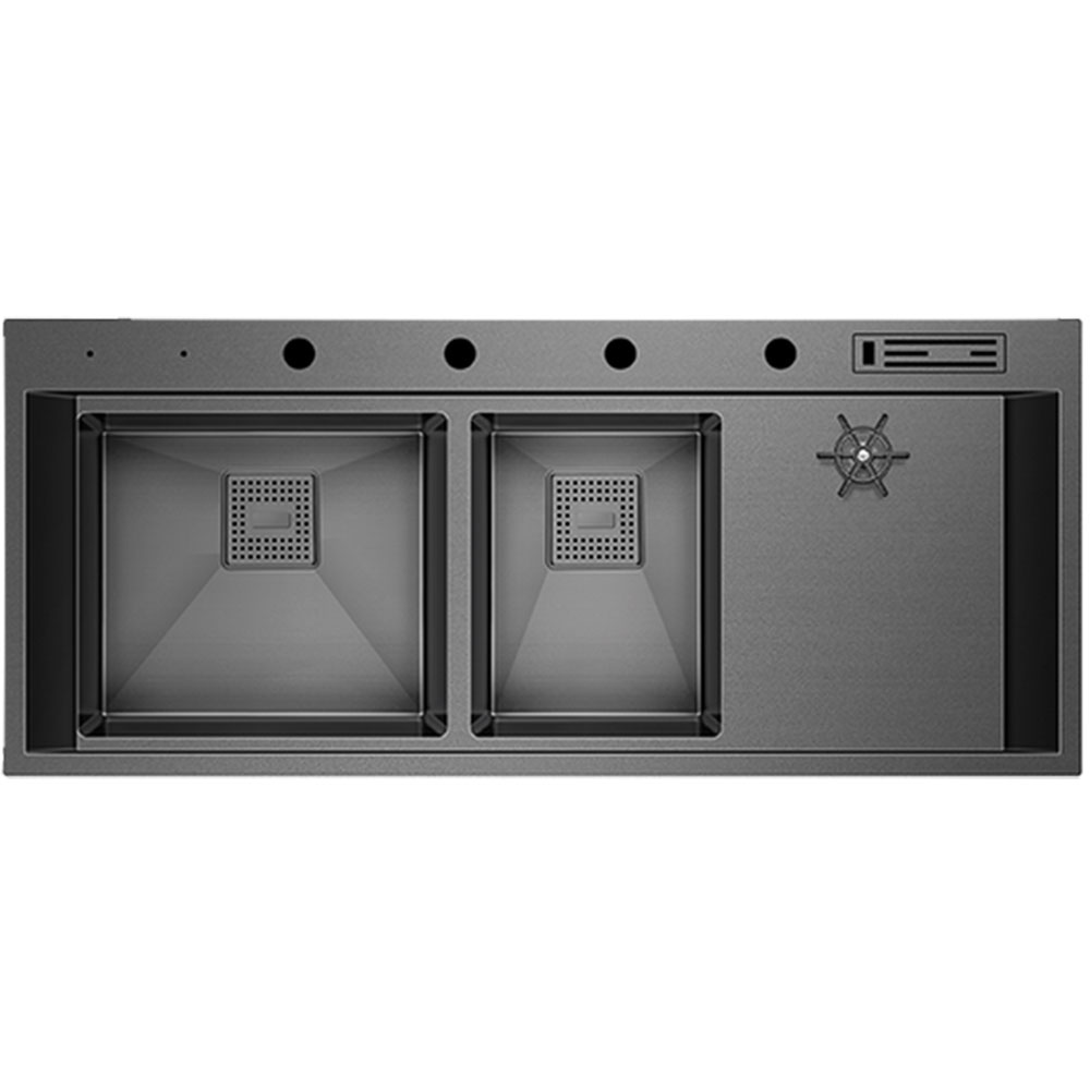 Crauf Lusso 1081 Pvd Füme Tezgah Üstü-Sıfır 500x1200mm Asimetrik Çift Gözlü El Yapımı Bardak Yıkamalı Workstation Eviye