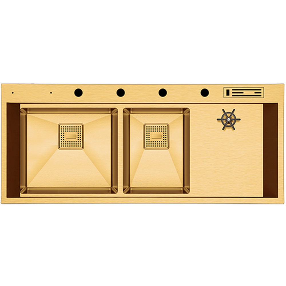 Crauf Lusso 1081 Pvd Altın Tezgah Üstü-Sıfır 500x1200mm Asimetrik Çift Gözlü El Yapımı Bardak Yıkamalı Workstation Eviye