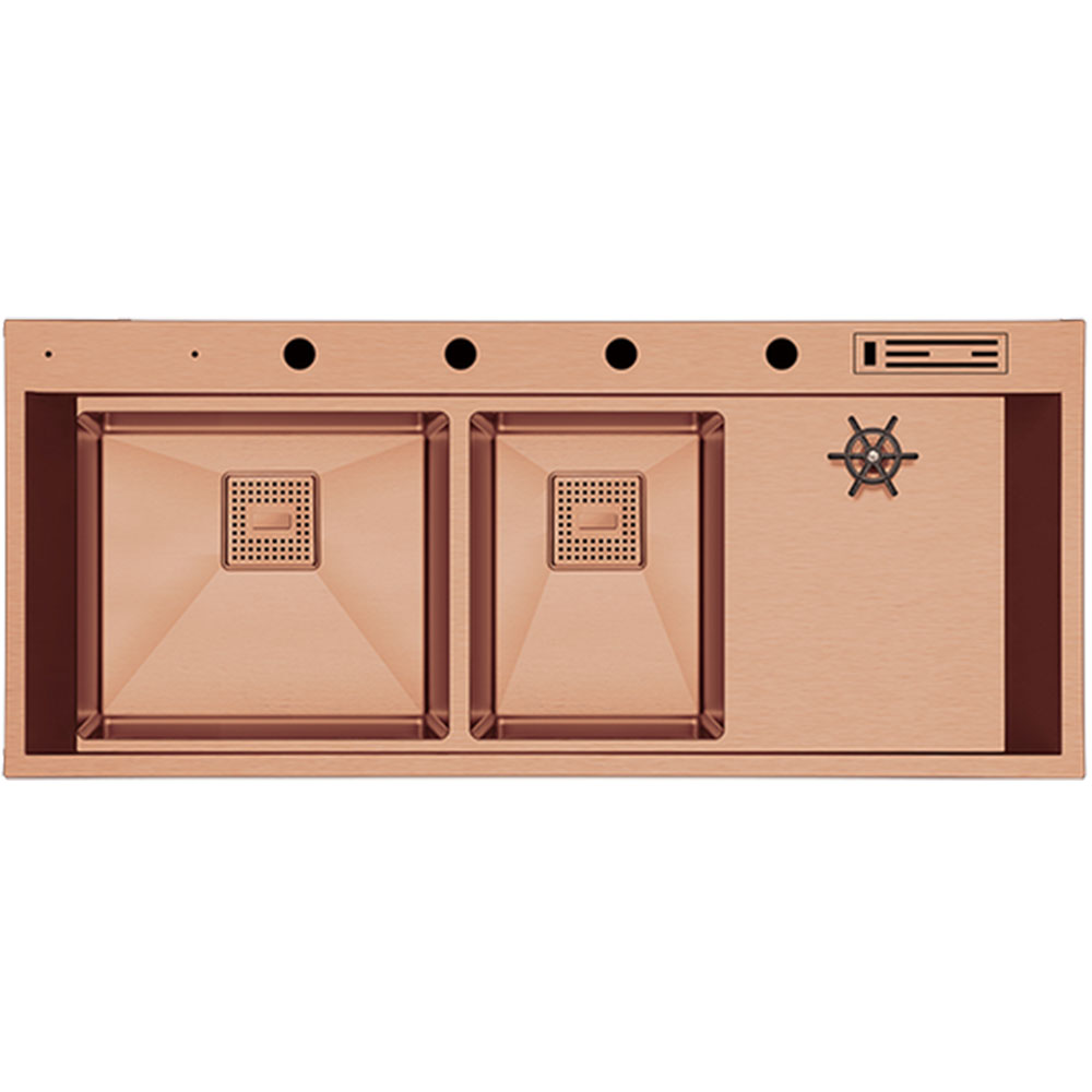 Crauf Lusso 1081 Pvd Bakır Tezgah Üstü-Sıfır 500x1200mm Asimetrik Çift Gözlü El Yapımı Bardak Yıkamalı Workstation Eviye