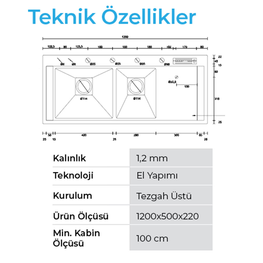Crauf Lusso 1081 Pvd Bakır Tezgah Üstü-Sıfır 500x1200mm Asimetrik Çift Gözlü El Yapımı Bardak Yıkamalı Workstation Eviye