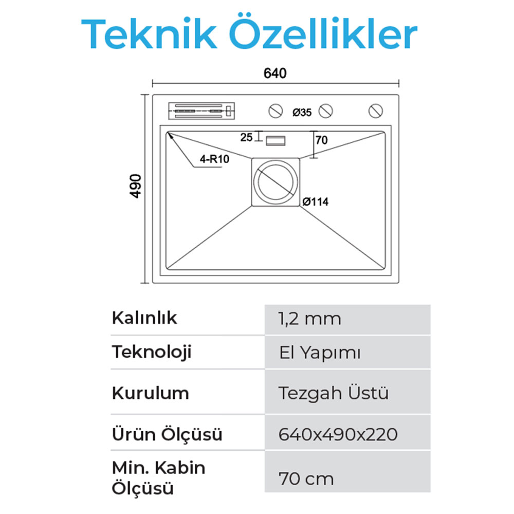 Crauf Lusso 6391 Pvd Bakır Tezgah Üstü-Sıfır 490x640mm Tek Gözlü El Yapımı Kapaklı Bıçaklı Akıllı Eviye