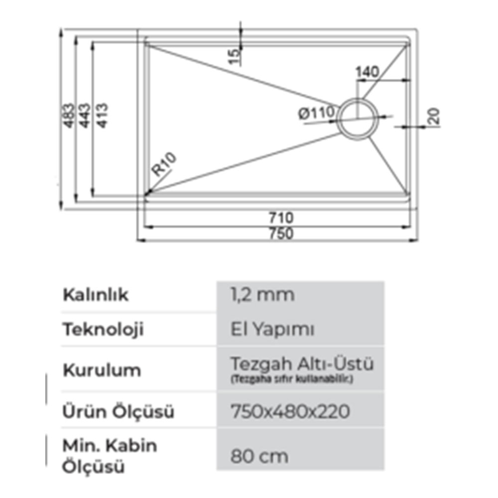 Crauf Vertice 4875 Pvd Altın Tezgah Altı-Üstü-Sıfır 480x750mm Tek Gözlü El Yapımı Workstation Eviye