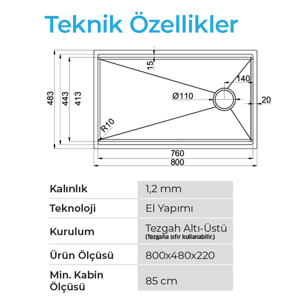 Crauf Vertice 4880 Pvd Füme Tezgah Altı-Üstü-Sıfır 480x800mm Tek Gözlü El Yapımı Workstation Eviye