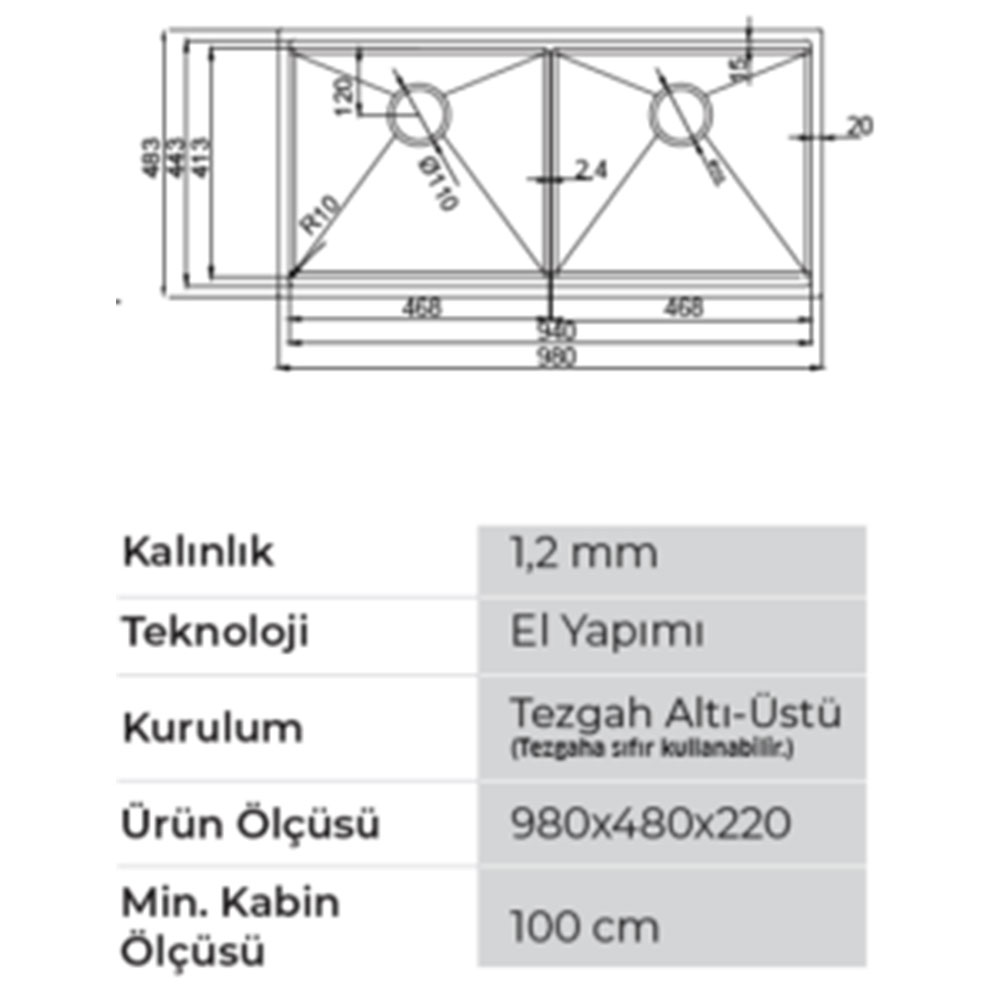Crauf Vertice 4898A Pvd Füme Tezgah Altı-Üstü-Sıfır 480x980mm Çift Gözlü El Yapımı Workstation Eviye