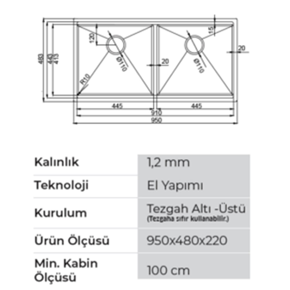 Crauf Vertice 4895 Inox Tezgah Altı-Üstü-Sıfır 480x950mm Çift Gözlü El Yapımı Workstation Eviye