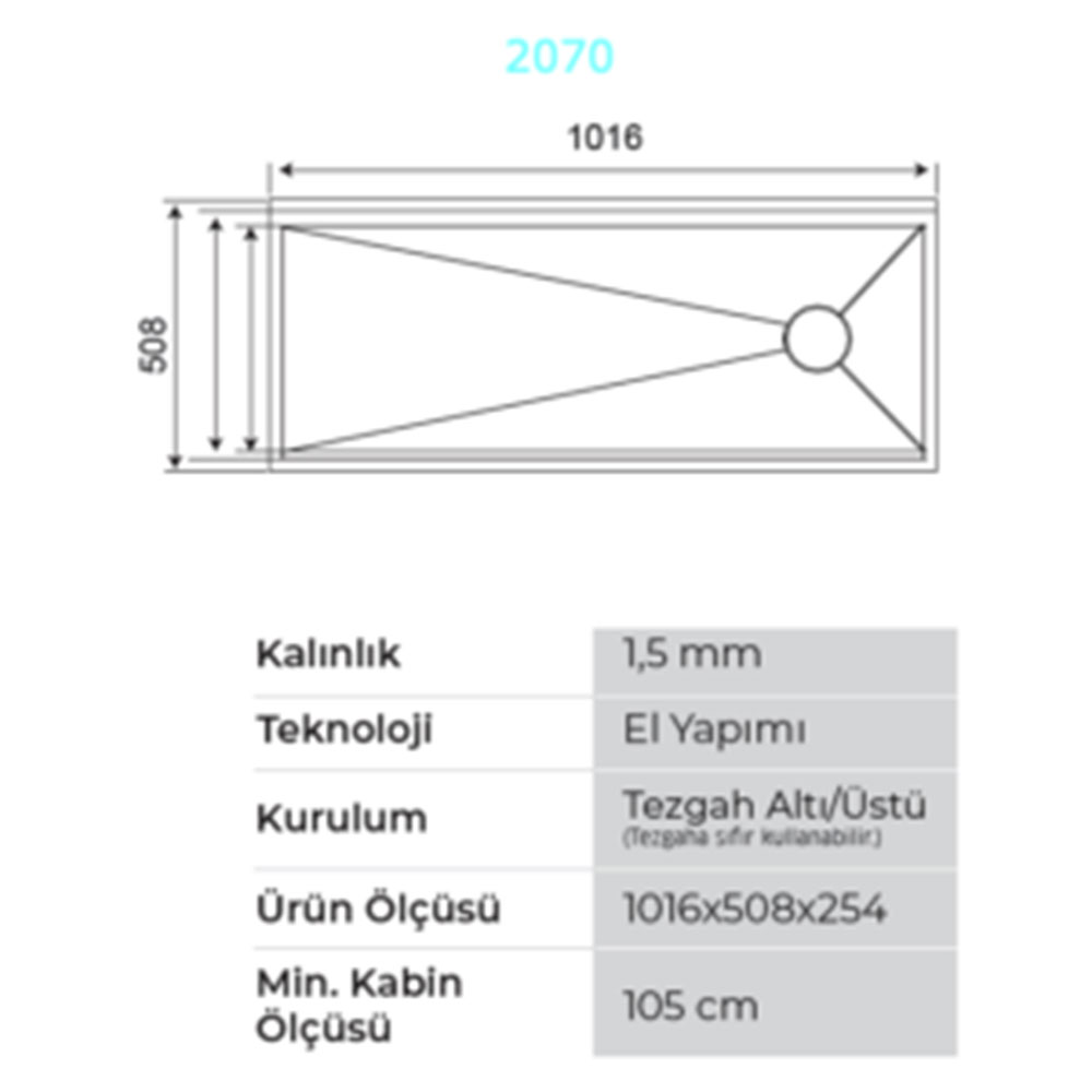Crauf Vertice Plus 2070 Inox Tezgah Altı-Üstü-Sıfır 482x914mm Çift Gözlü El Yapımı Endüstriyel Workstation Eviye